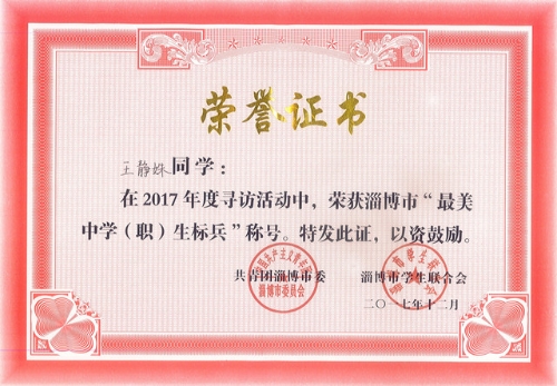 淄博实验中学王静姝同学当选2017年度淄博市最美中学生标兵